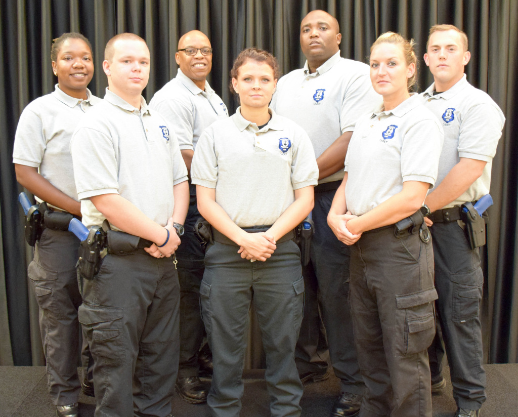 Front Row  L - R:  Darren Kron Pate, Wilson NC, Sponsored by Spring Hope PD;  Brittany Cheryl Tyler, Zebulon NC, Hired by Nash County Sheriff's Office; Lindsay Elizabeth Mann, Spring Hope, NC, Hired by Halifax County Sheriff's Office Second Row L-R :  Jameka Tyshae Thompson, Wilson, NC, Hired by Stantonsburg PD; Chauncey Louis Payne, Garner NC, Hired by G4S Company Police Department; Stephen Paul Wilder, Louisburg NC, Hired by Franklin County Sheriff's Office;  Joey Lee Privette, Middlesex NC, Hired by Nash County Sheriff's Office.